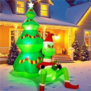 7FT Christmas Inflatable Outdoor Decoration, Big Monster Sitting with Gift Box